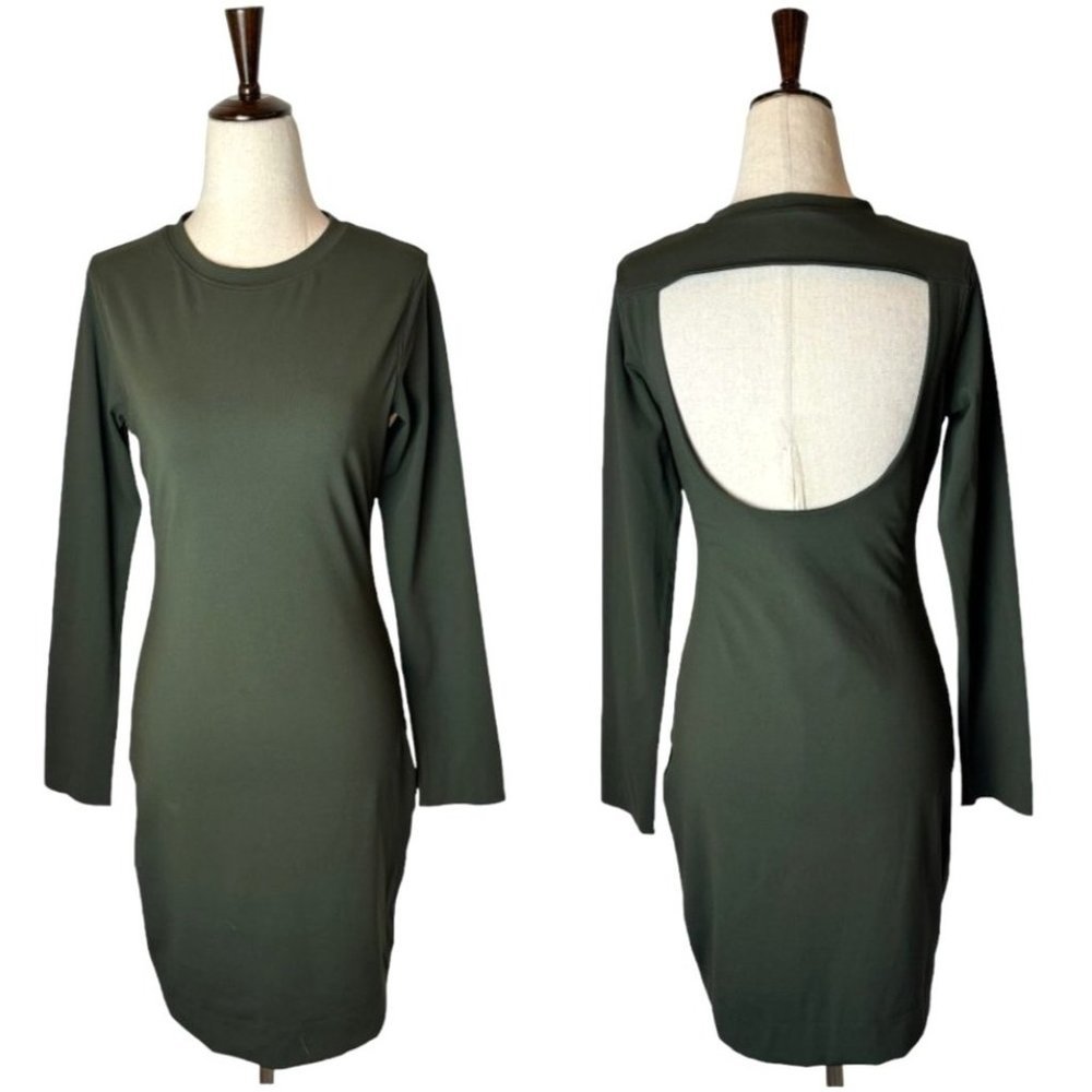 Lululemon Dark Olive Green Crew Neck Long Sleeve Cut Out Back Mini Dress 6